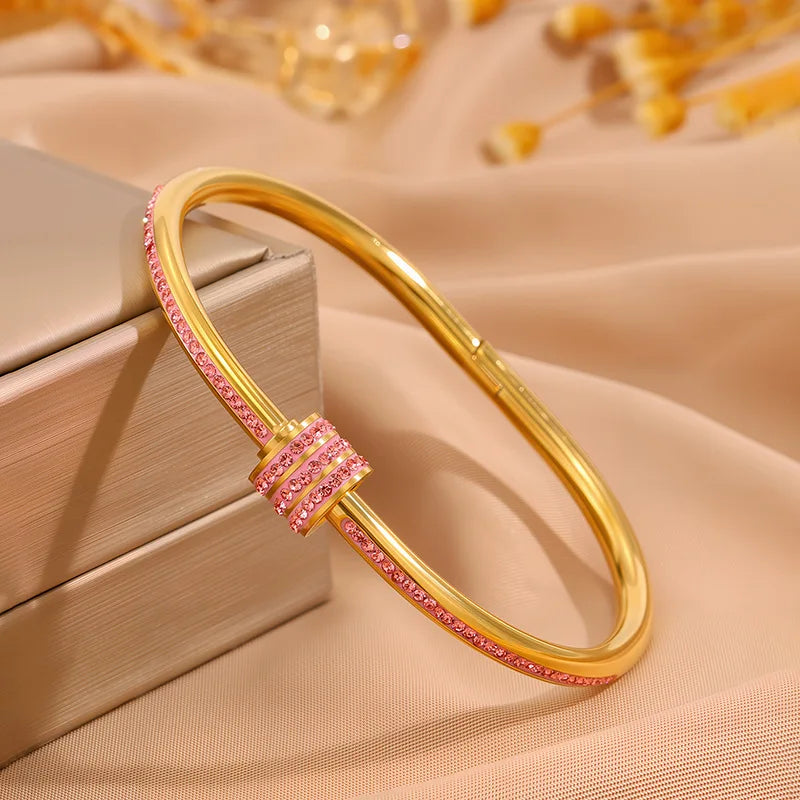Sparkling Zirconia Inlaid Stainless Steel Stackable Bracelet Set For Women