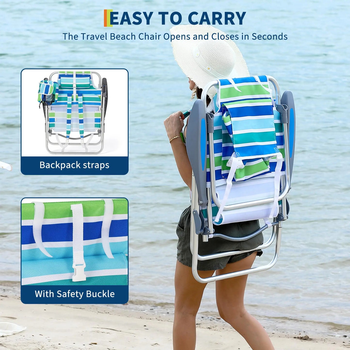 HiMISS Backpack Beach Chair 2 Pack Foldable Camping Lounger With Cooler