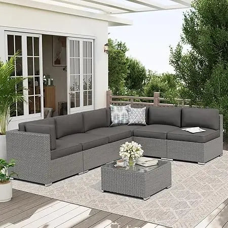 7-Piece Outdoor Patio Furniture Sofa Set With Glass Top Table