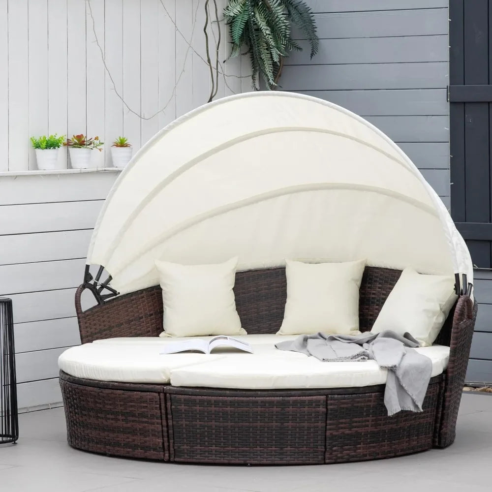 4-Piece Round Convertible Outdoor Daybed Set With Cushions Rattan Canopy