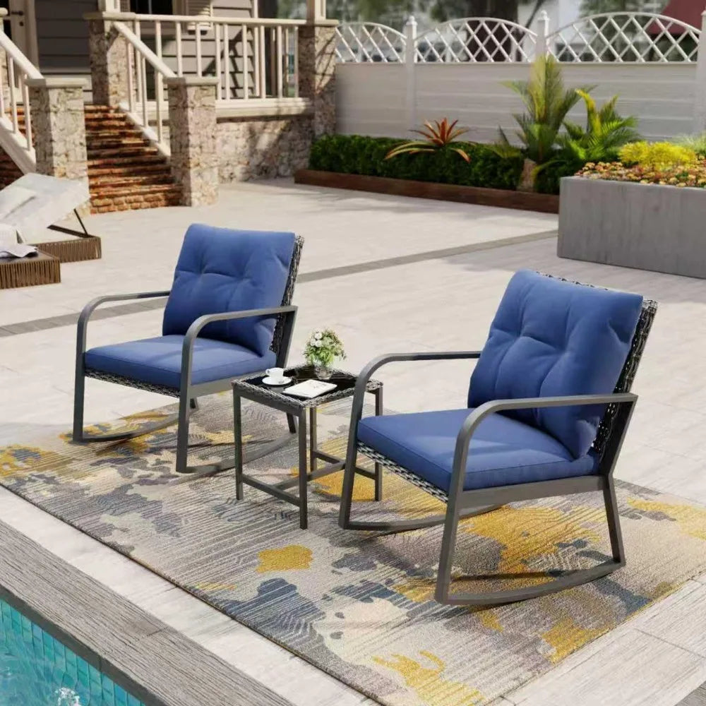 Bistro Patio Table And Rattan Rocking Chairs Set Outdoor