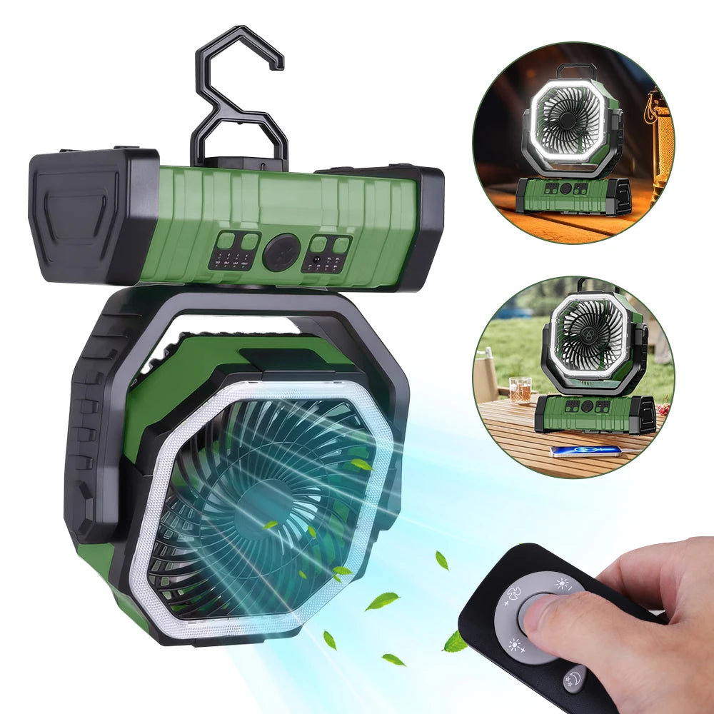 Rechargeable Camping Fan With LED Light 4 Speeds And Remote