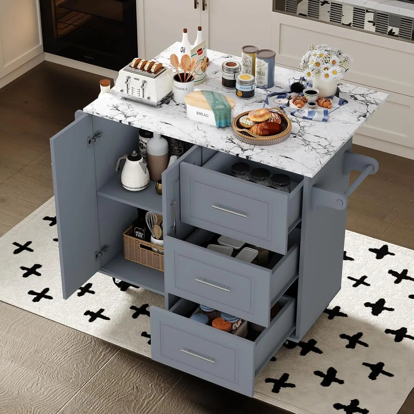 Kitchen Island On Wheels With Storage And Towel Rack