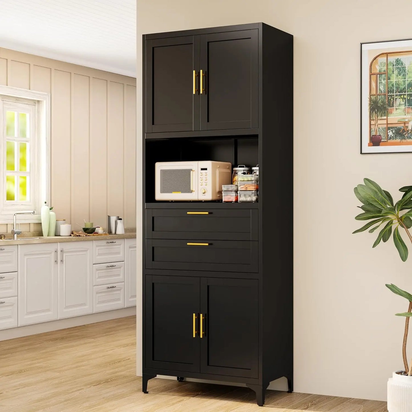 GUANGBAI Pantry Storage Cabinet With Metal Drawers And Adjustable Shelves