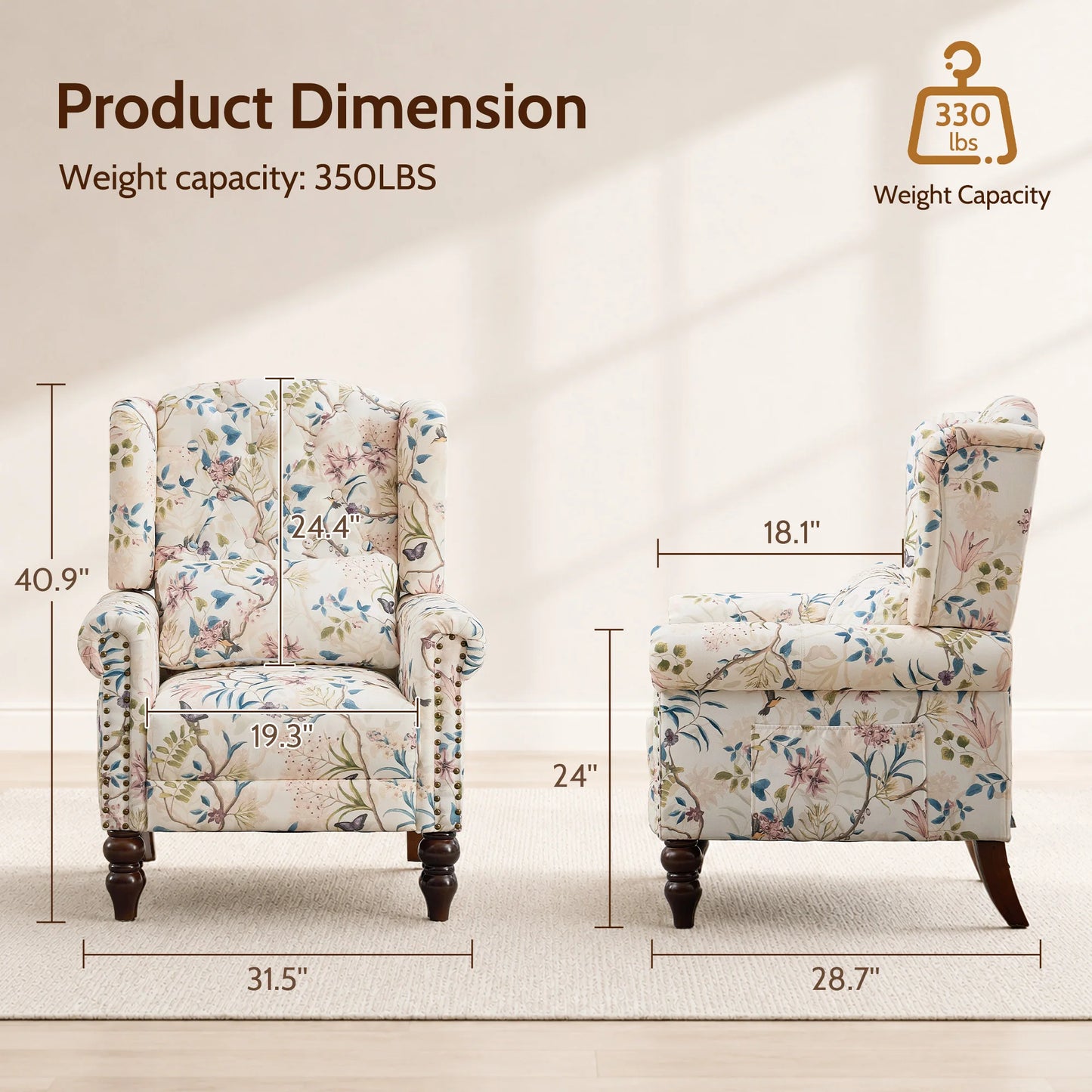 TCGBKAF Vintage Floral Wingback Armchair for Living Room