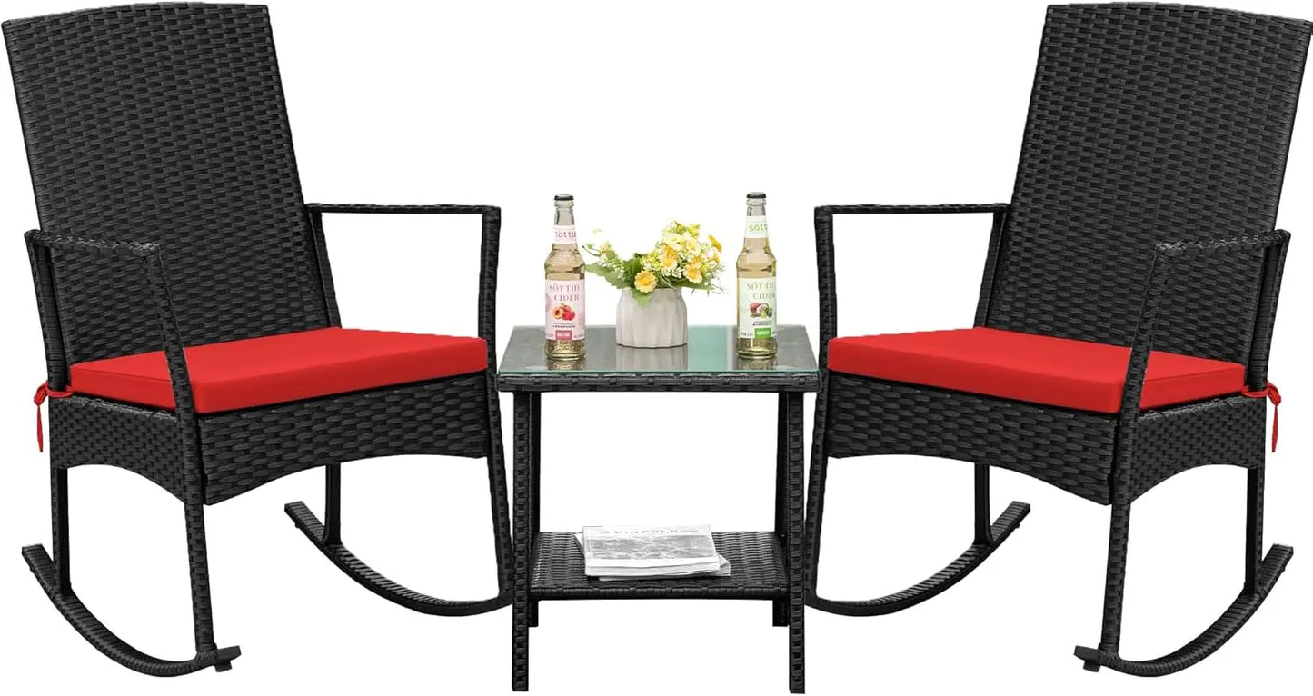Outdoor PE Rattan Rocking Chair With Glass Table Patio Set