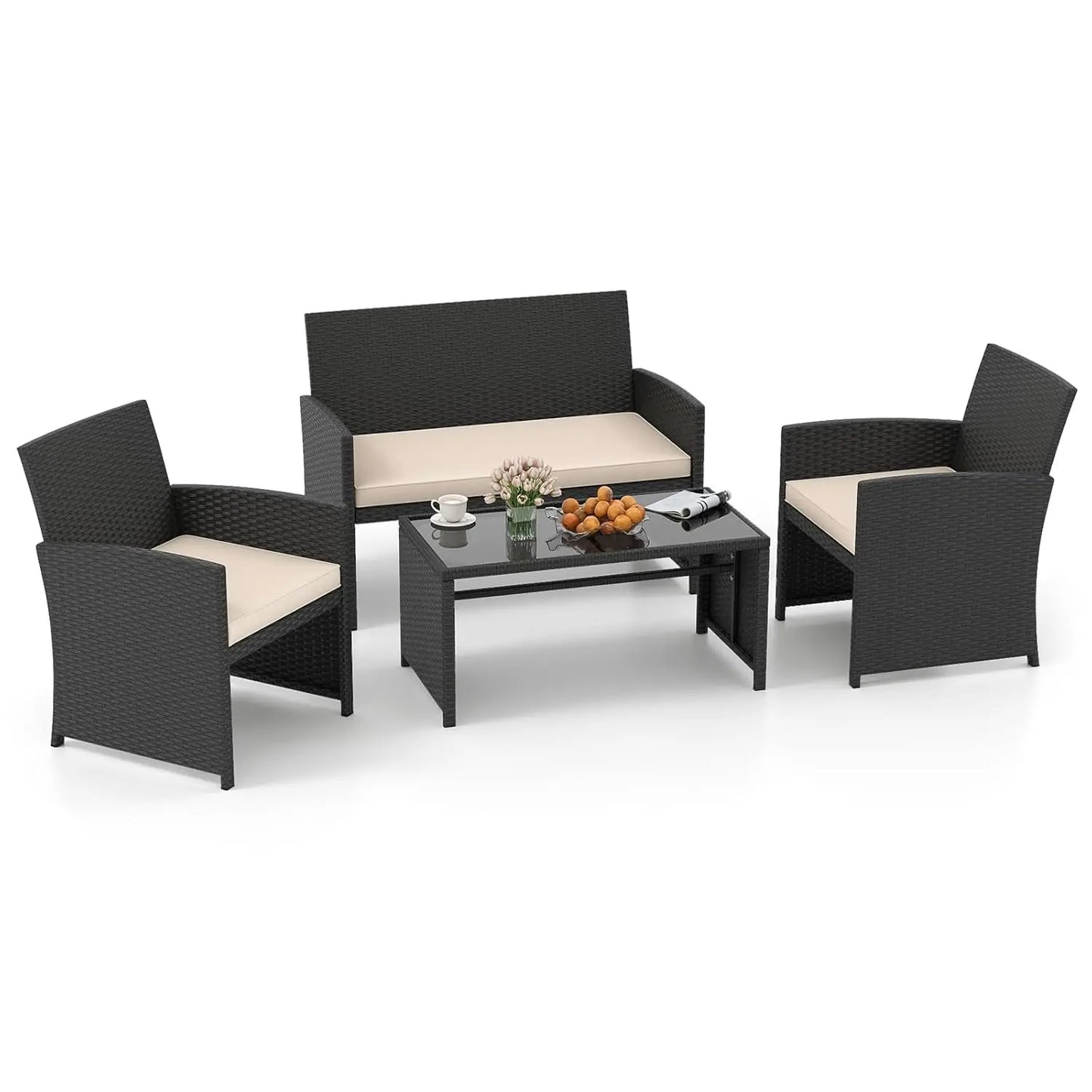 Patio Wicker Furniture Set With Cushioned Chairs And Glass Table