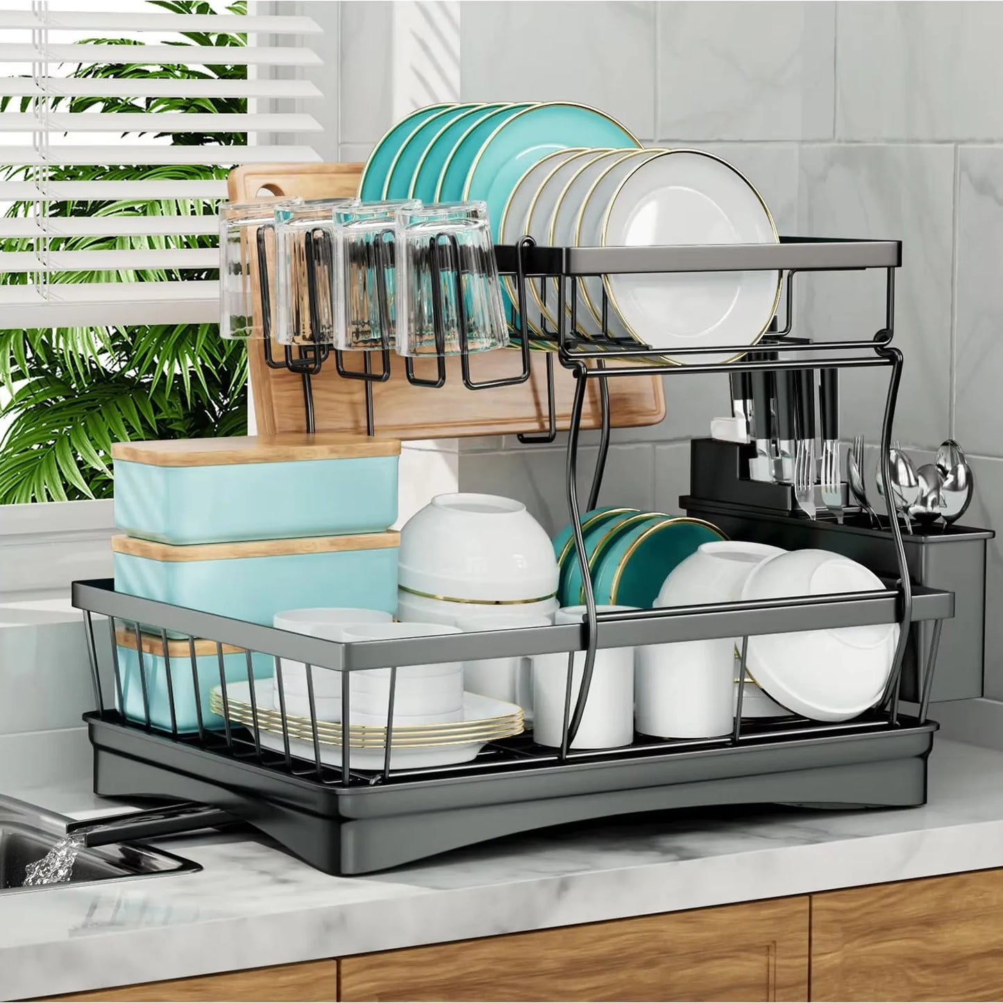 Two Tier Dish Drying Rack For Kitchen Countertop Durable