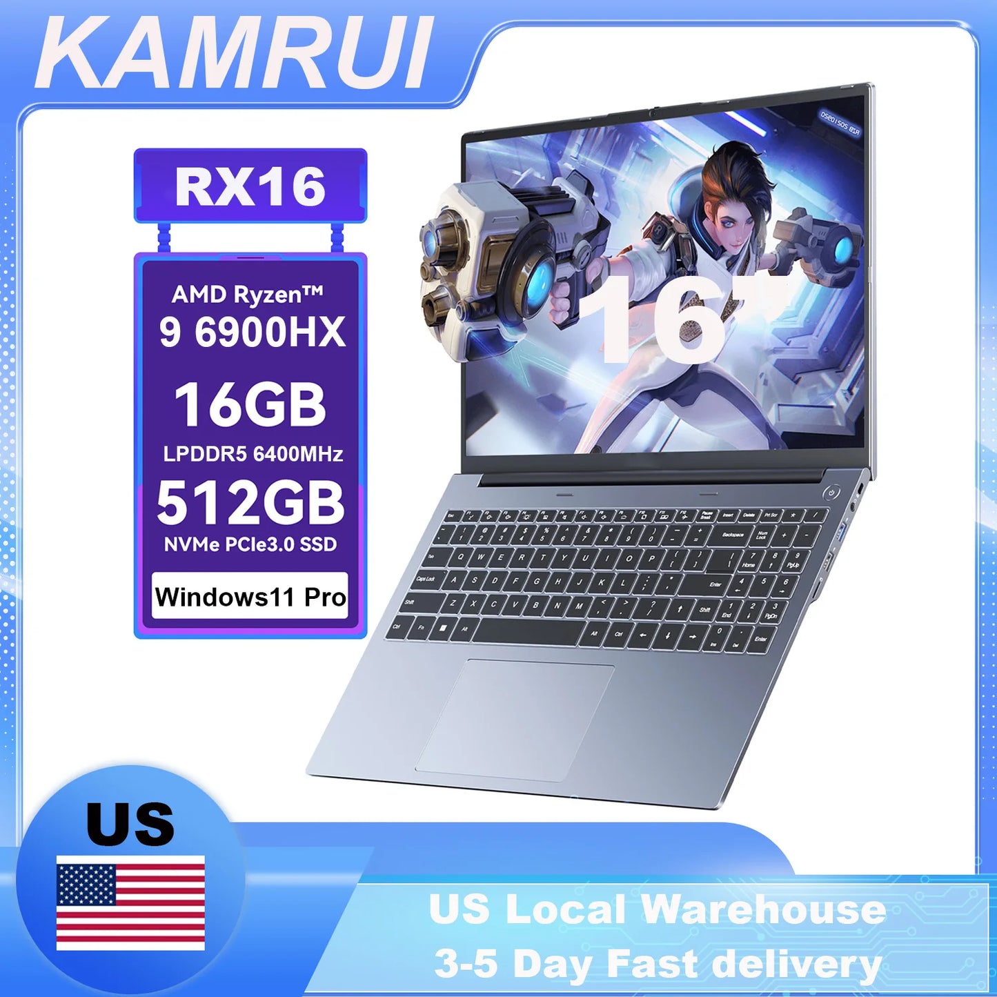 KAMRUI Ryzen 9 6900HX Laptop 16GB LPDDR5 512GB SSD Win11 Pro