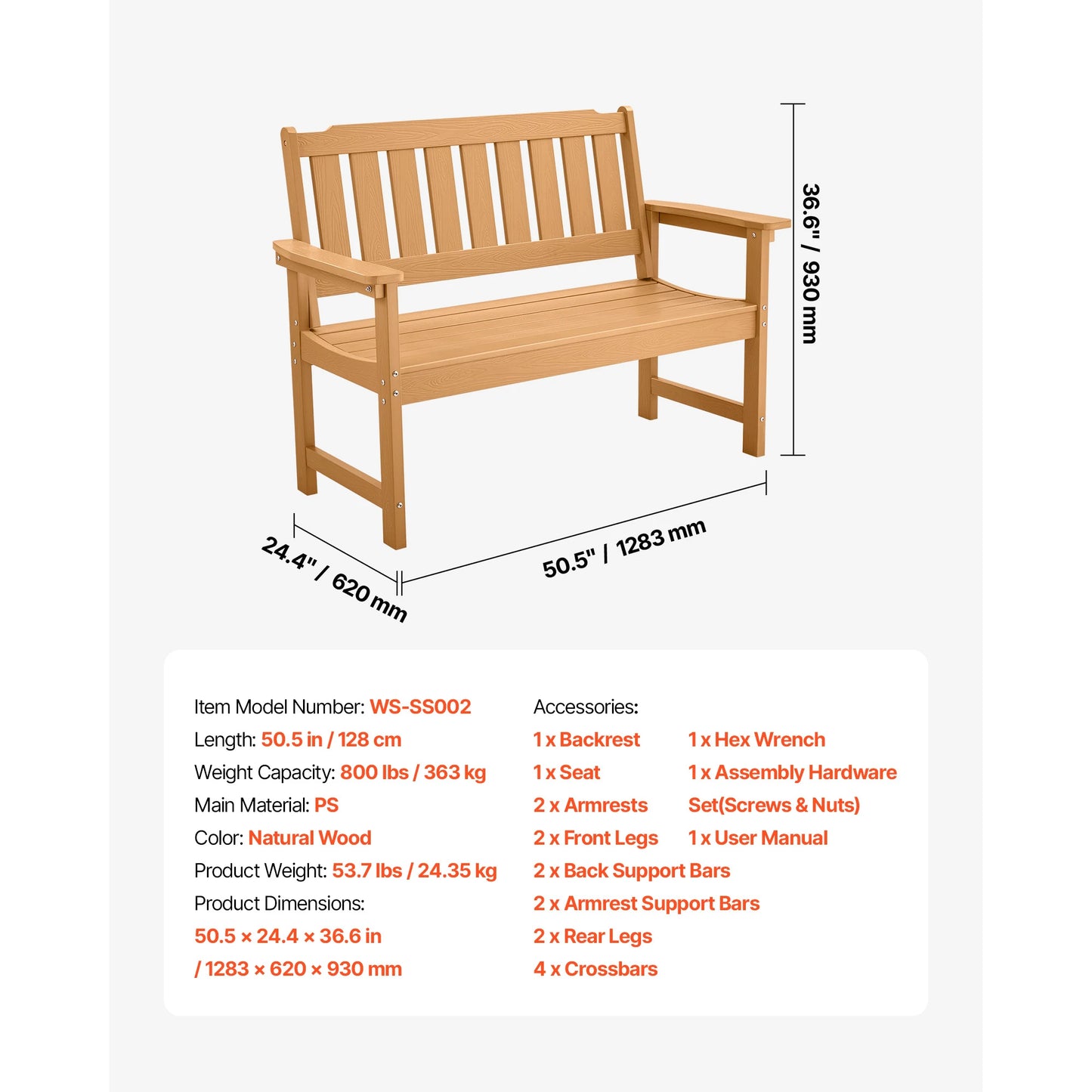 SucceBuy Outdoor Wood Metal Garden Bench With 480 Lb Capacity