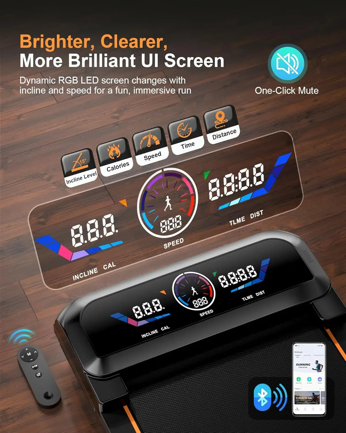 3.5HP Under Desk Walking Pad Treadmill With Auto Incline RGB UI Screen