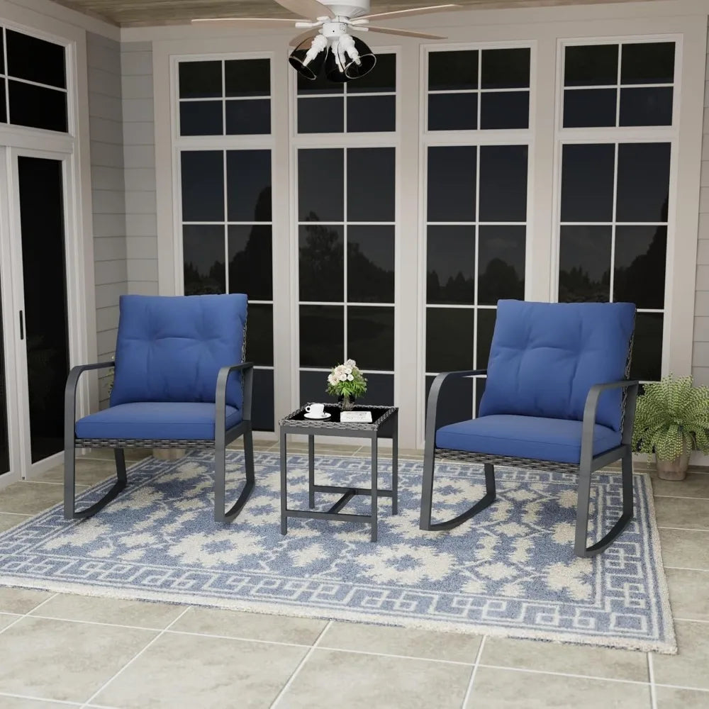 Bistro Patio Table And Rattan Rocking Chairs Set Outdoor