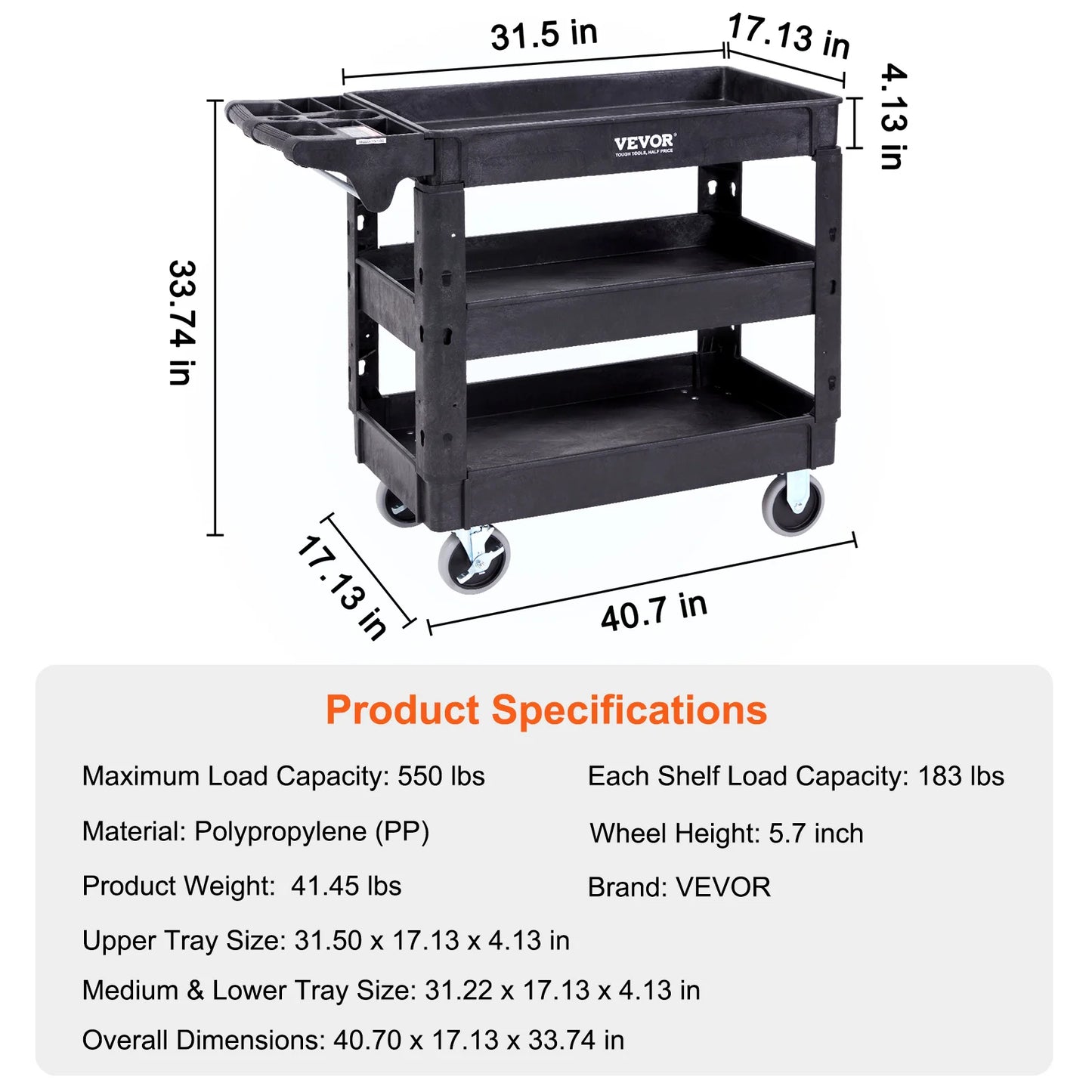 SucceBuy 3-Tier Utility Cart With 360 Degree Swivel Wheels And Ergonomic Handle