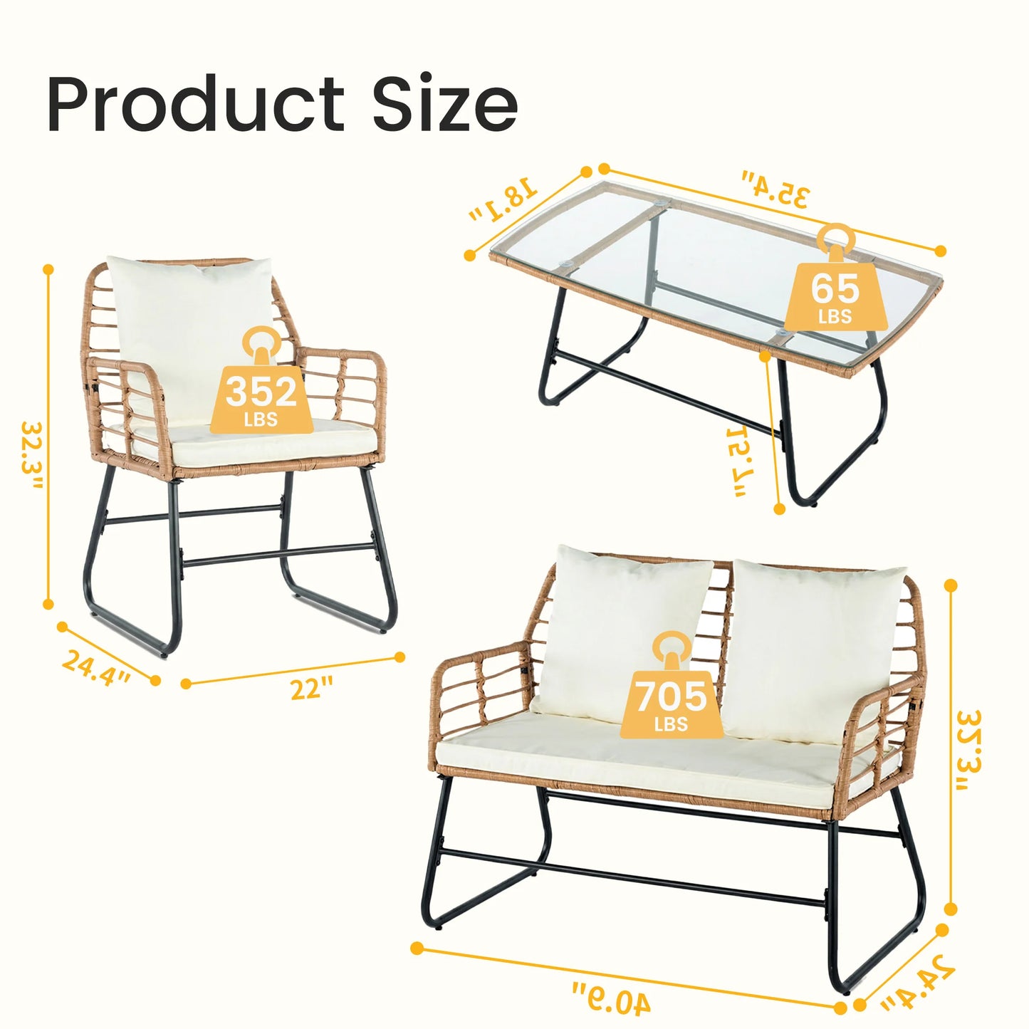 Outdoor Wicker Patio Set 4 Pieces With Soft Cushions