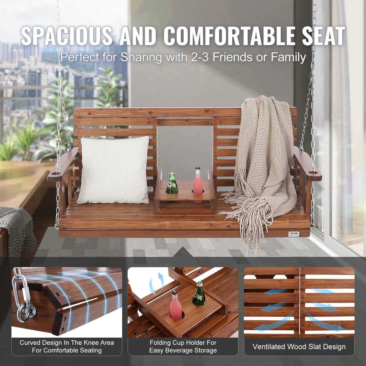 SucceBuy Wooden Porch Swing For Patio Garden Outdoor Bench