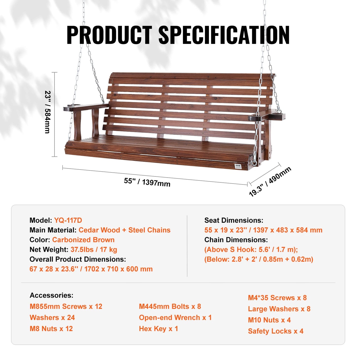SucceBuy Wooden Porch Swing For Patio Garden Outdoor Bench