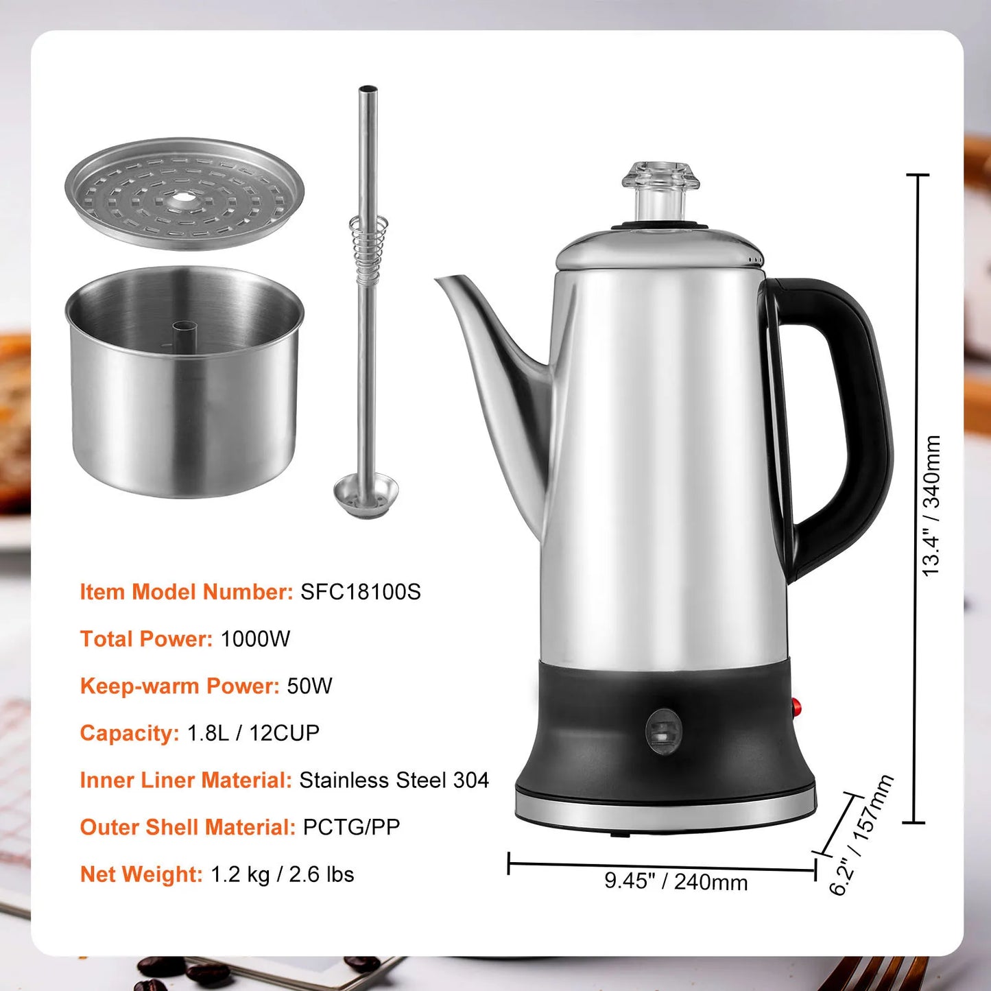 SucceBuy 12-Cup Electric Percolator Coffee Pot 304 Stainless Steel Keep Warm