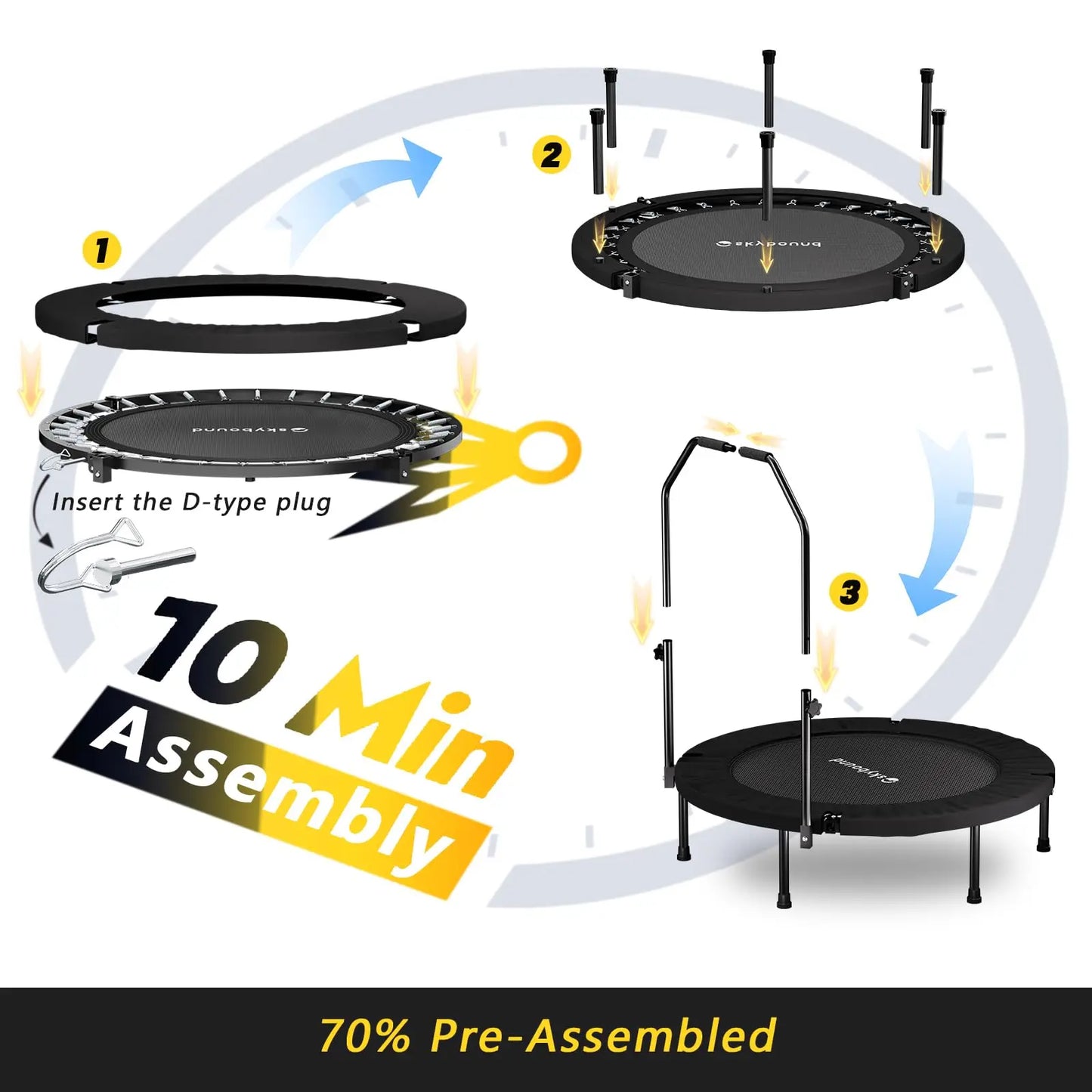 Foldable Rebounder Trampoline With Adjustable U Bar Handle For Adults