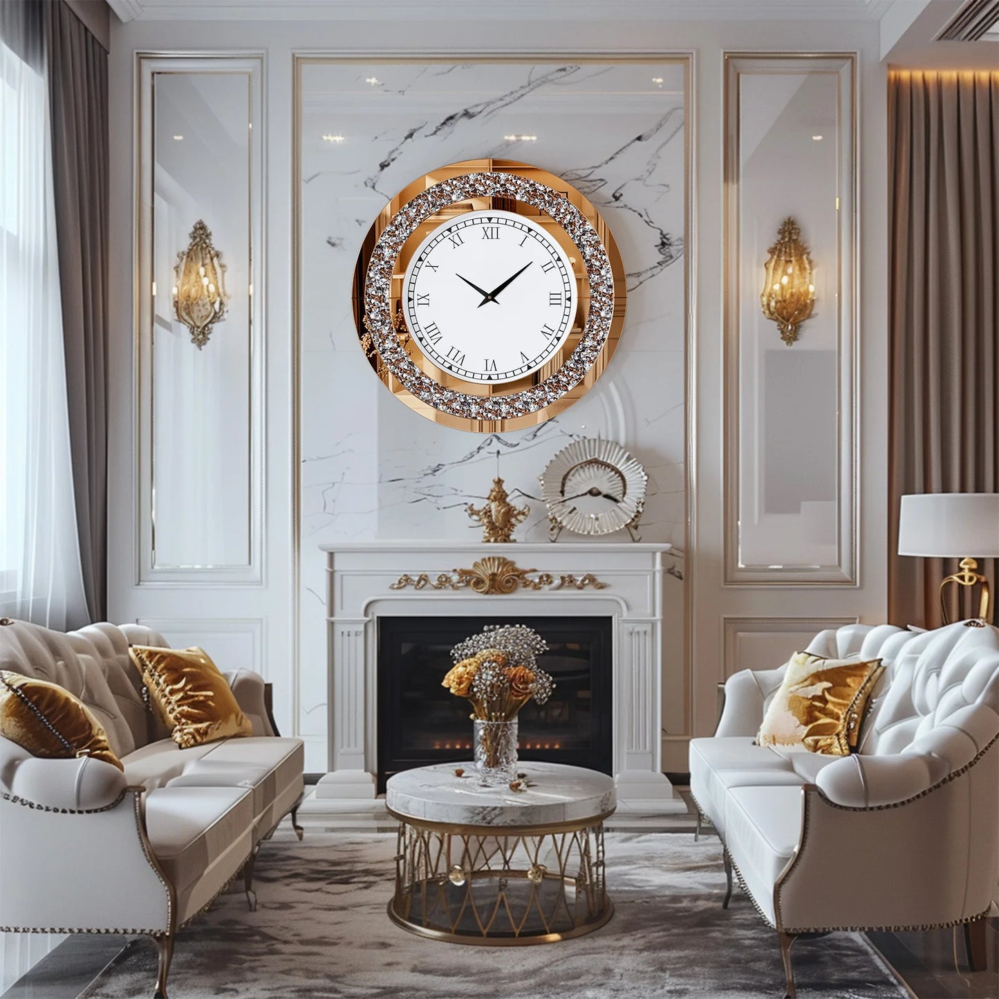 Round Mirror And Wall Clock Decor For Living Room Accent