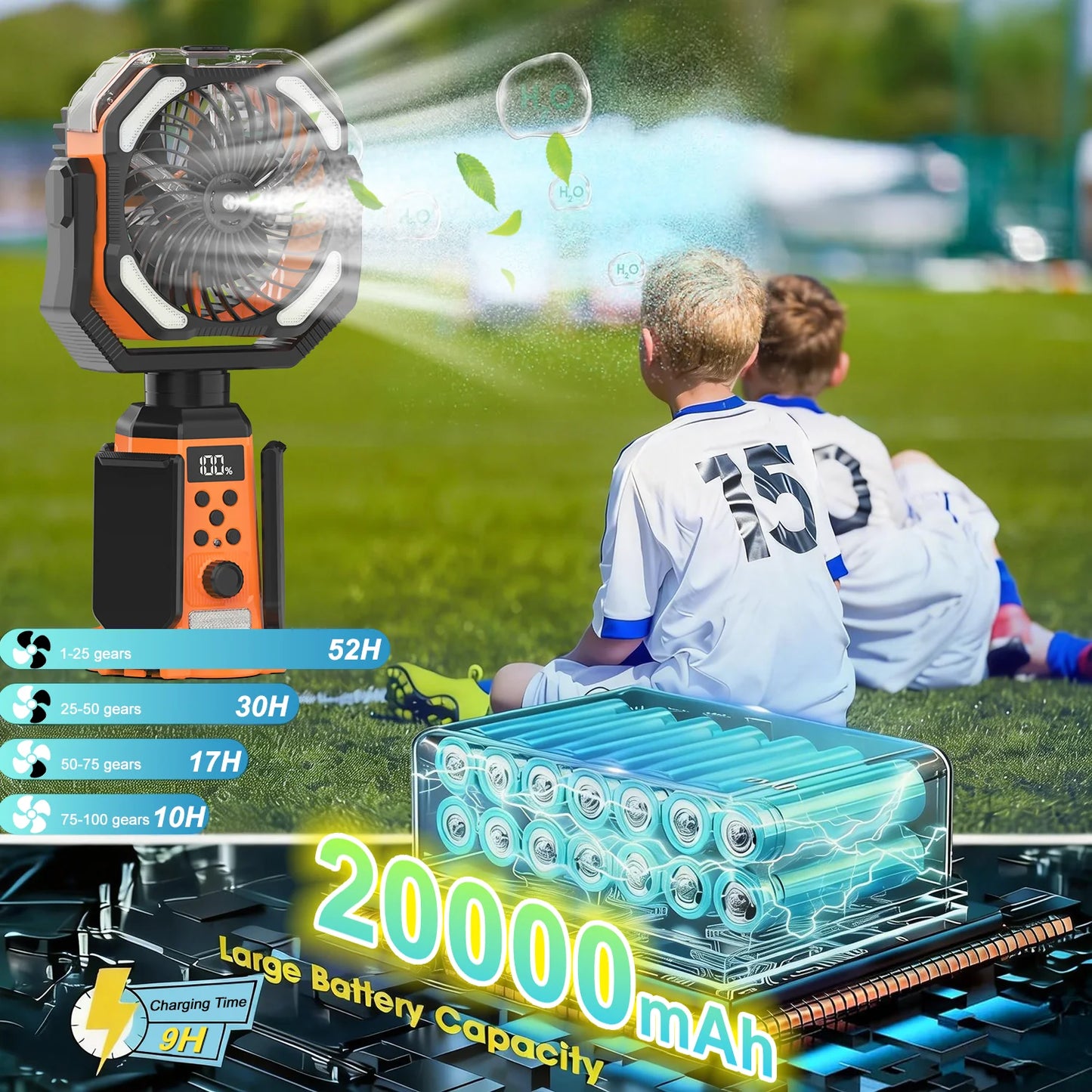 Portable Rechargeable Camping Fan With Stand Remote Control And Spray