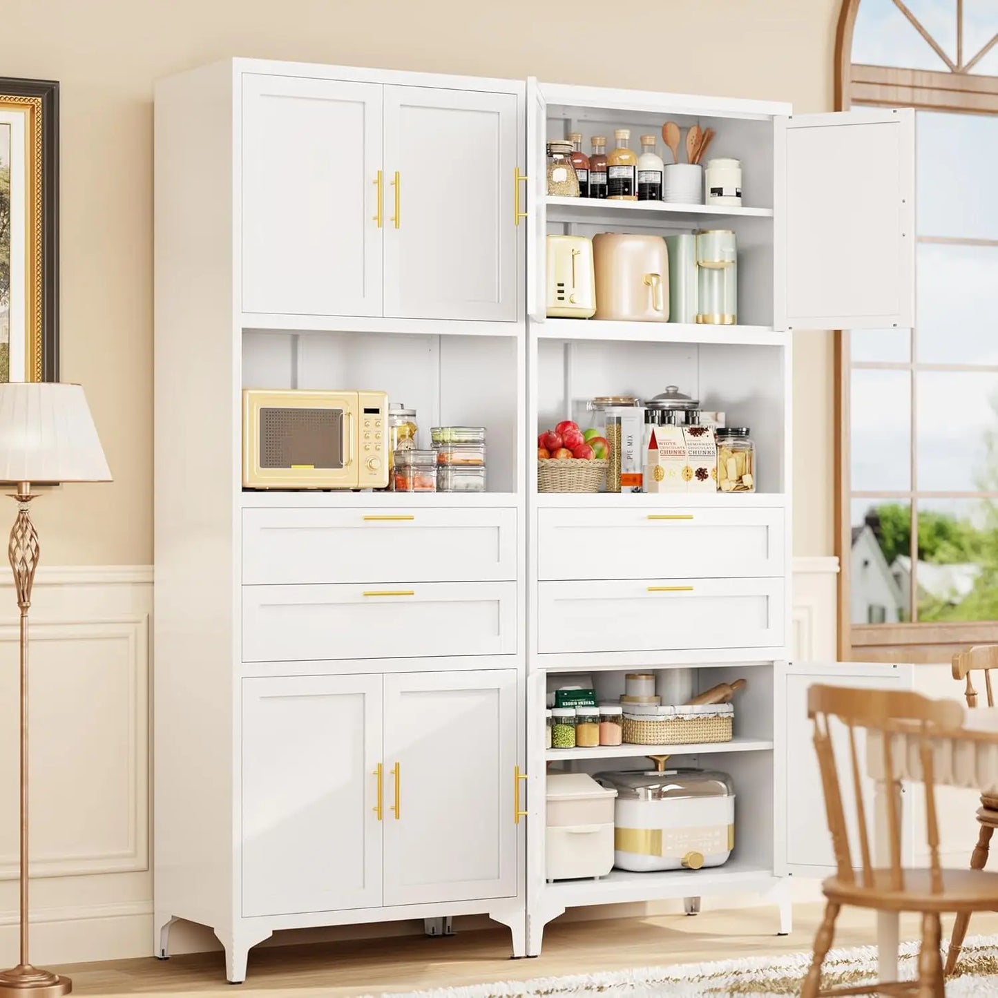 GUANGBAI Pantry Storage Cabinet With Metal Drawers And Adjustable Shelves