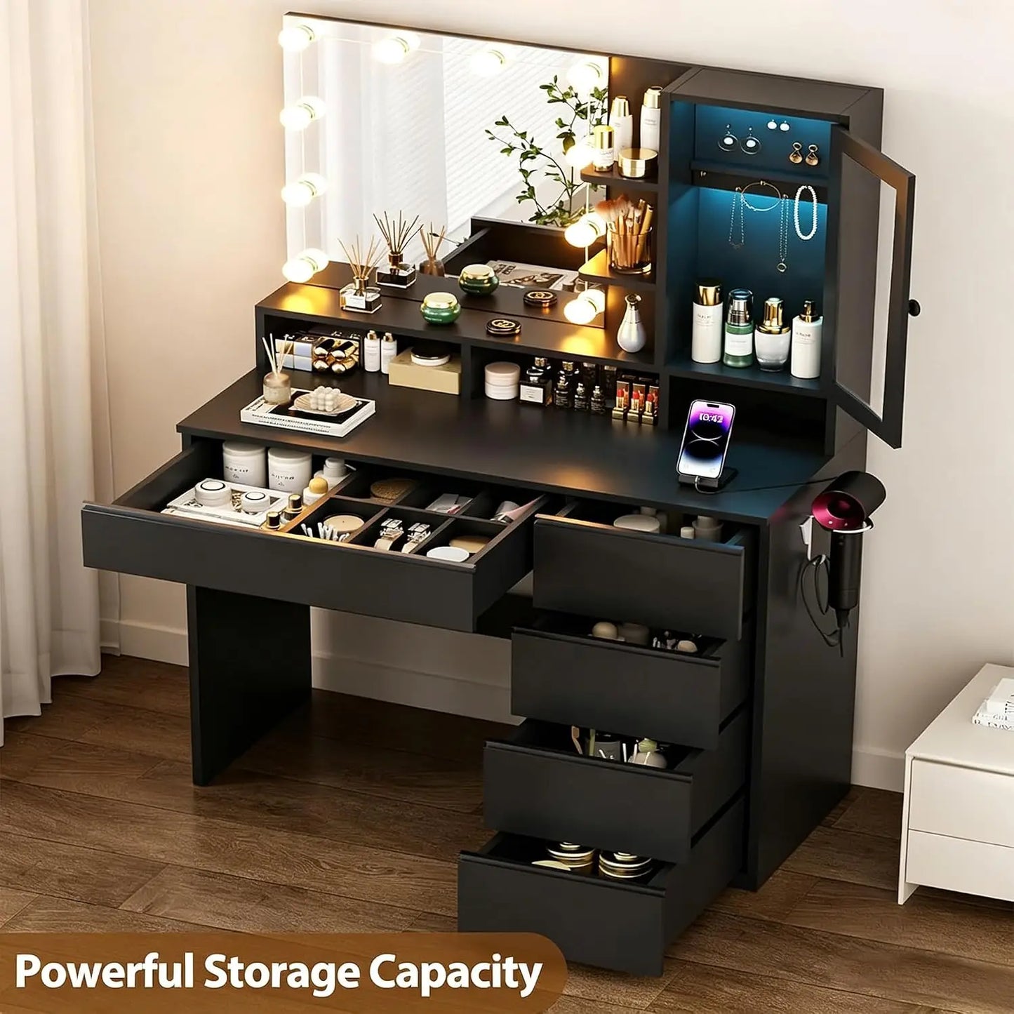Vanity Desk With LED Mirror And Power Outlet For Makeup