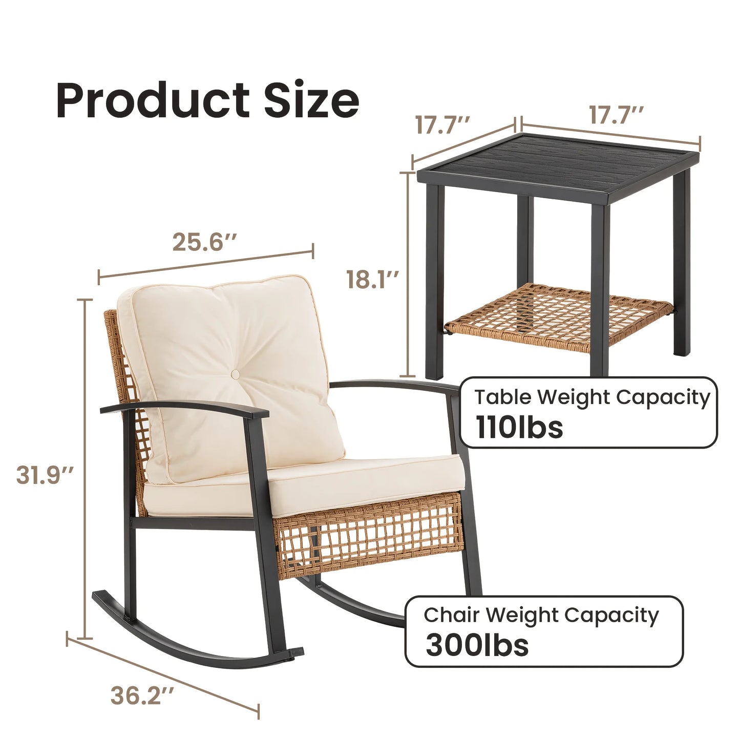 PIYRQ Rattan Rocking Chair Set Outdoor Patio Glider