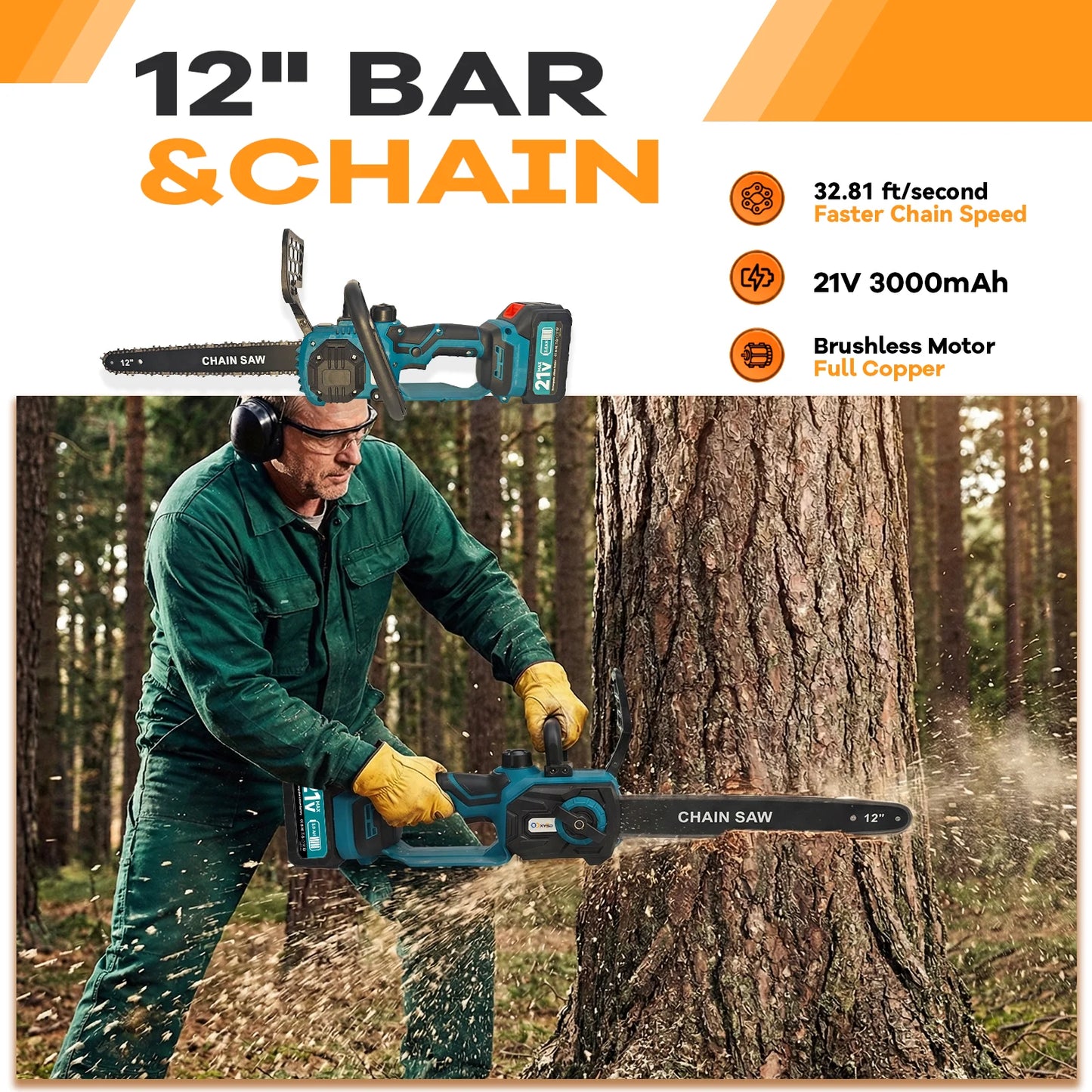 Cordless Electric Chainsaw With 21V 2x3000mAh Batteries