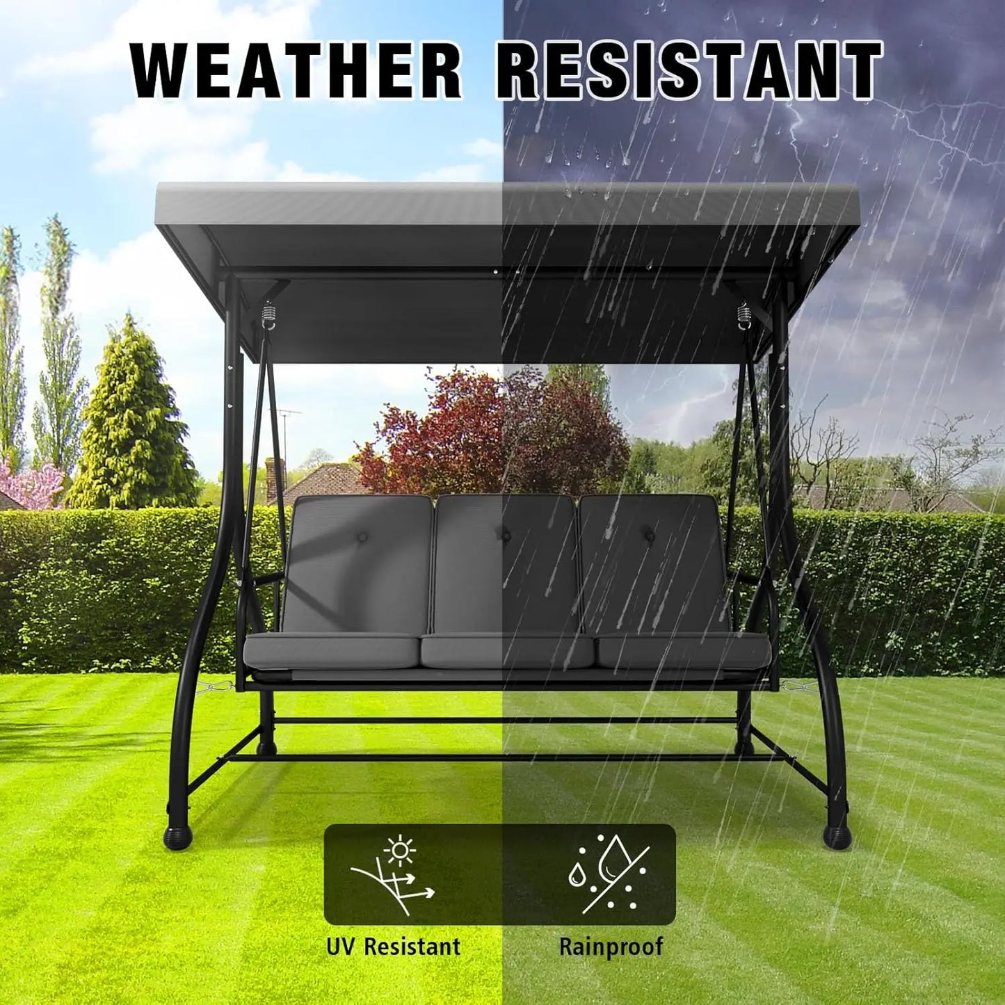 Three Seat Outdoor Patio Swing With Adjustable Canopy And Cushions