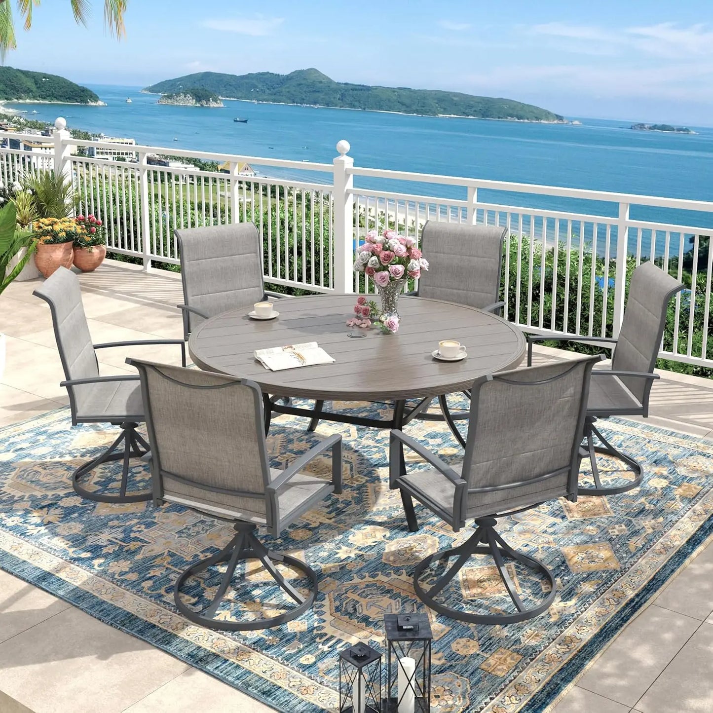 Outdoor Seven Piece Patio Dining Set With Textilene Swivel Chairs