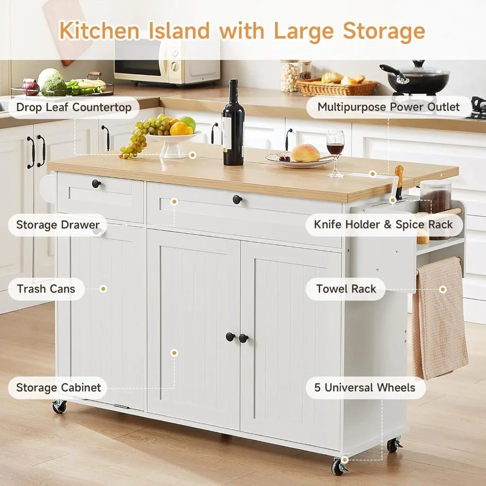 Kitchen Island With Power Outlet, Drop Leaf, Spice Rack, Knife Holder