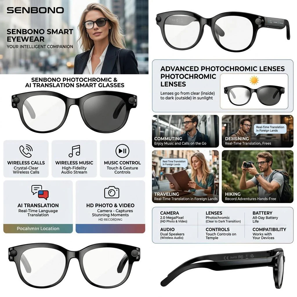 Senbono AI Smart Glasses With Camera, AI Voice Translation
