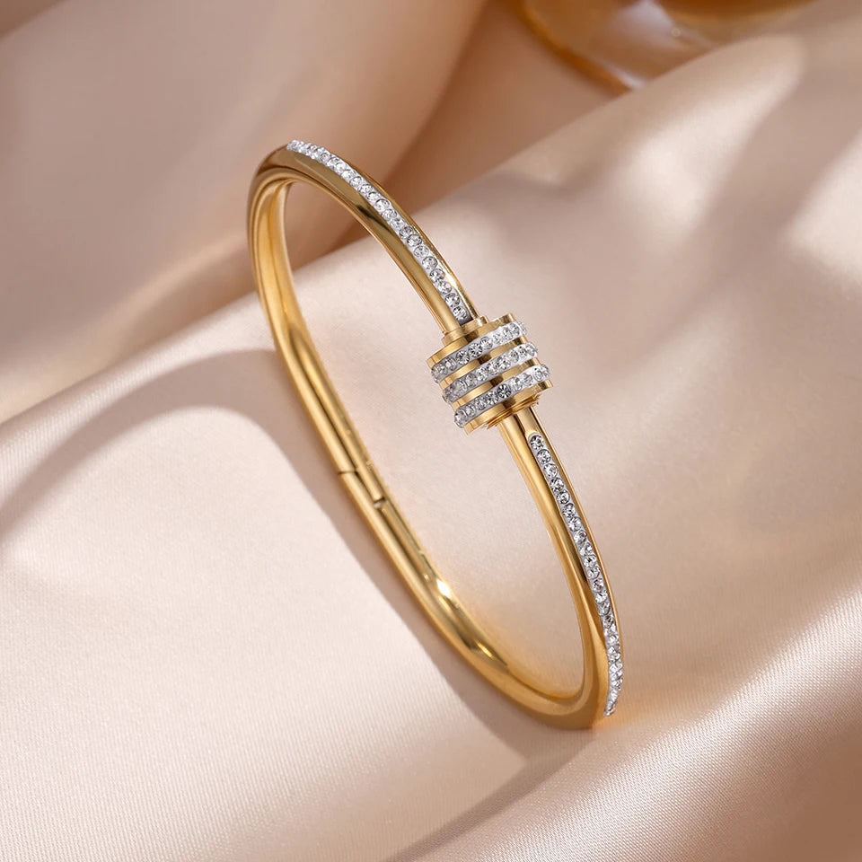 Sparkling Zirconia Inlaid Stainless Steel Stackable Bracelet Set For Women