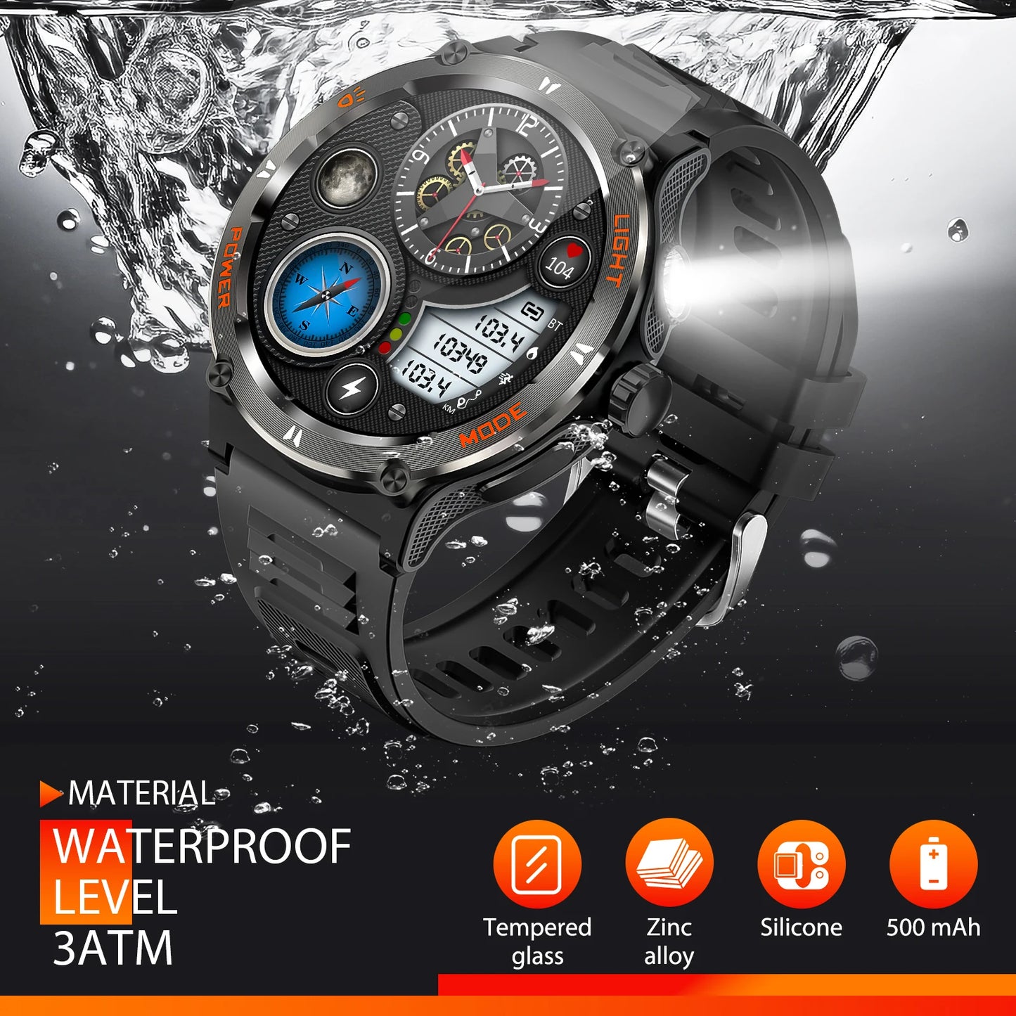 EIGIIS Smart Watch 3ATM Waterproof With Compass And LED Flashlight