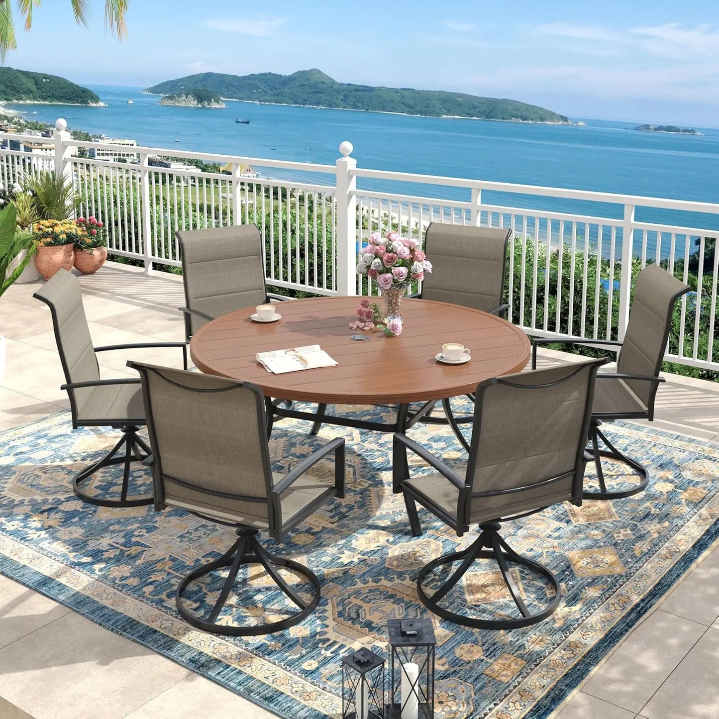 Outdoor Seven Piece Patio Dining Set With Textilene Swivel Chairs