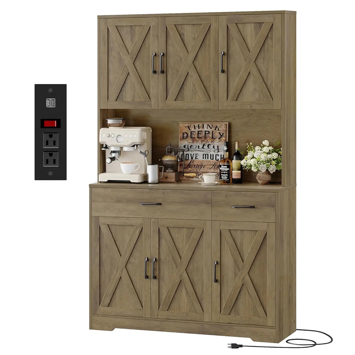 Chengwei Pantry Cabinet With Charging Station Farmhouse Style