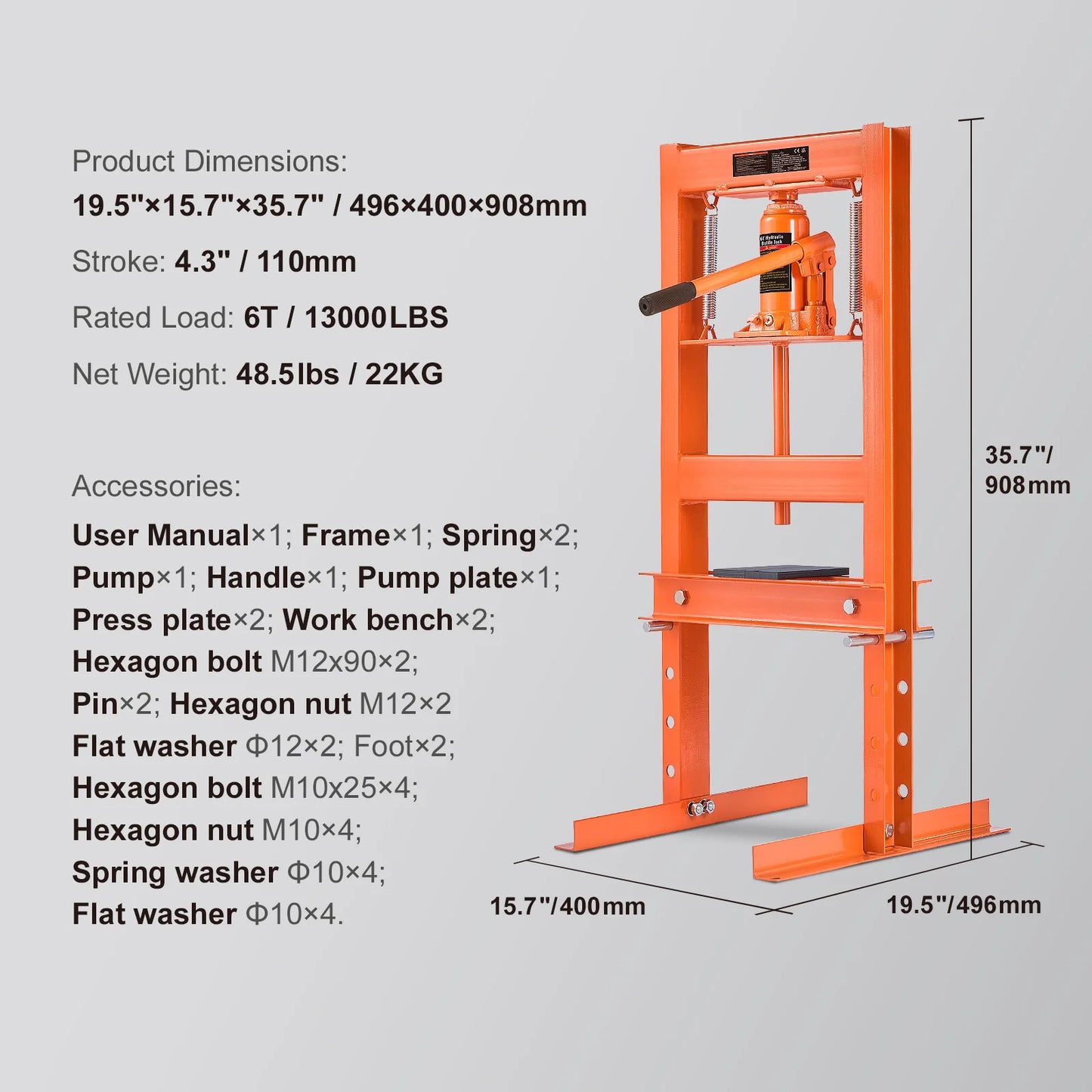 Succebuy Hydraulic Shop Press 6T H Frame For Garage Workshop