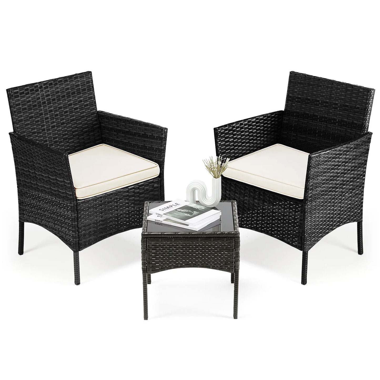 JHK Outdoor 3-Piece Wicker Rattan Patio Set with Glass Table