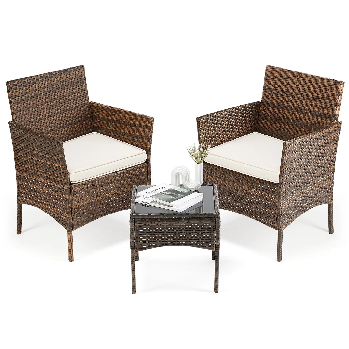 JHK Outdoor 3-Piece Wicker Rattan Patio Set with Glass Table