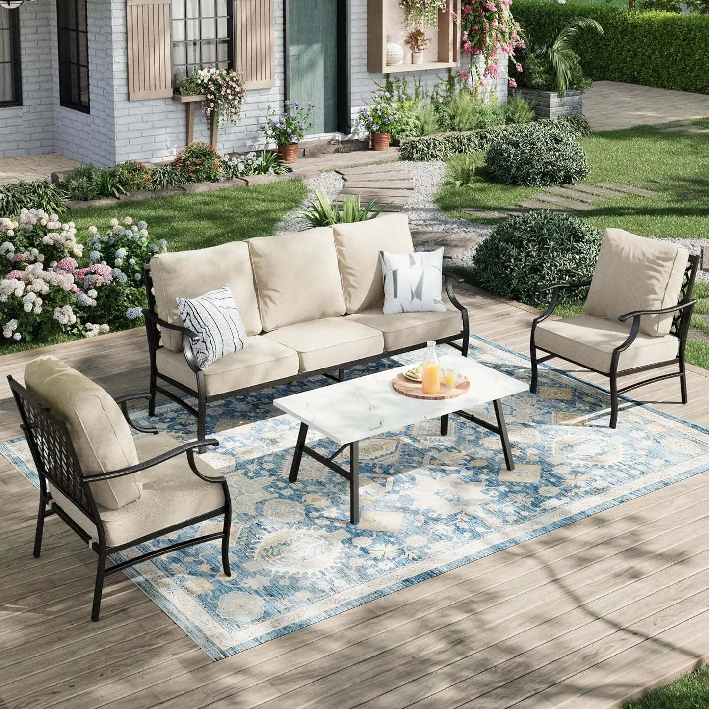 Patio Furniture Set 4-Piece Outdoor Metal Includes Sofa Swivel Chairs