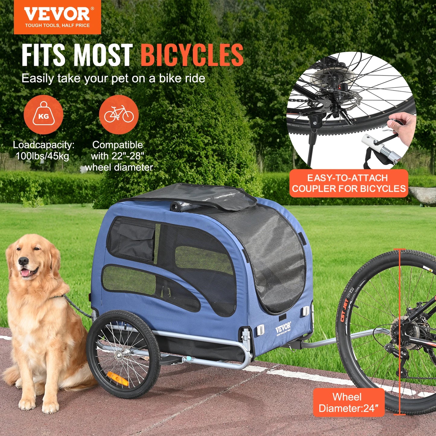 Dog Bike Trailer Carrier With Coupler And Reflectors 100 Lbs