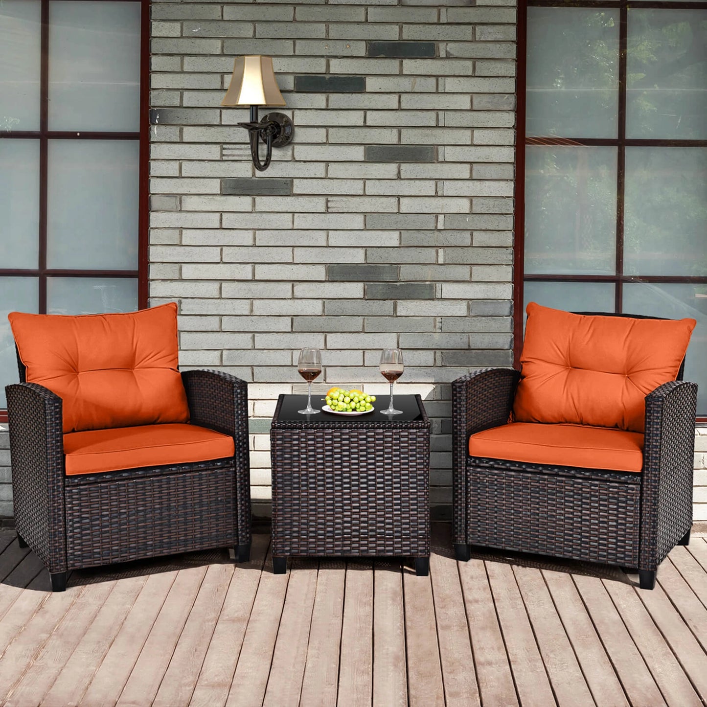 HOMASIS 3 Piece Outdoor Rattan Conversation Set Cushioned Sofa