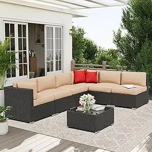 7-Piece Outdoor Patio Furniture Sofa Set With Glass Top Table