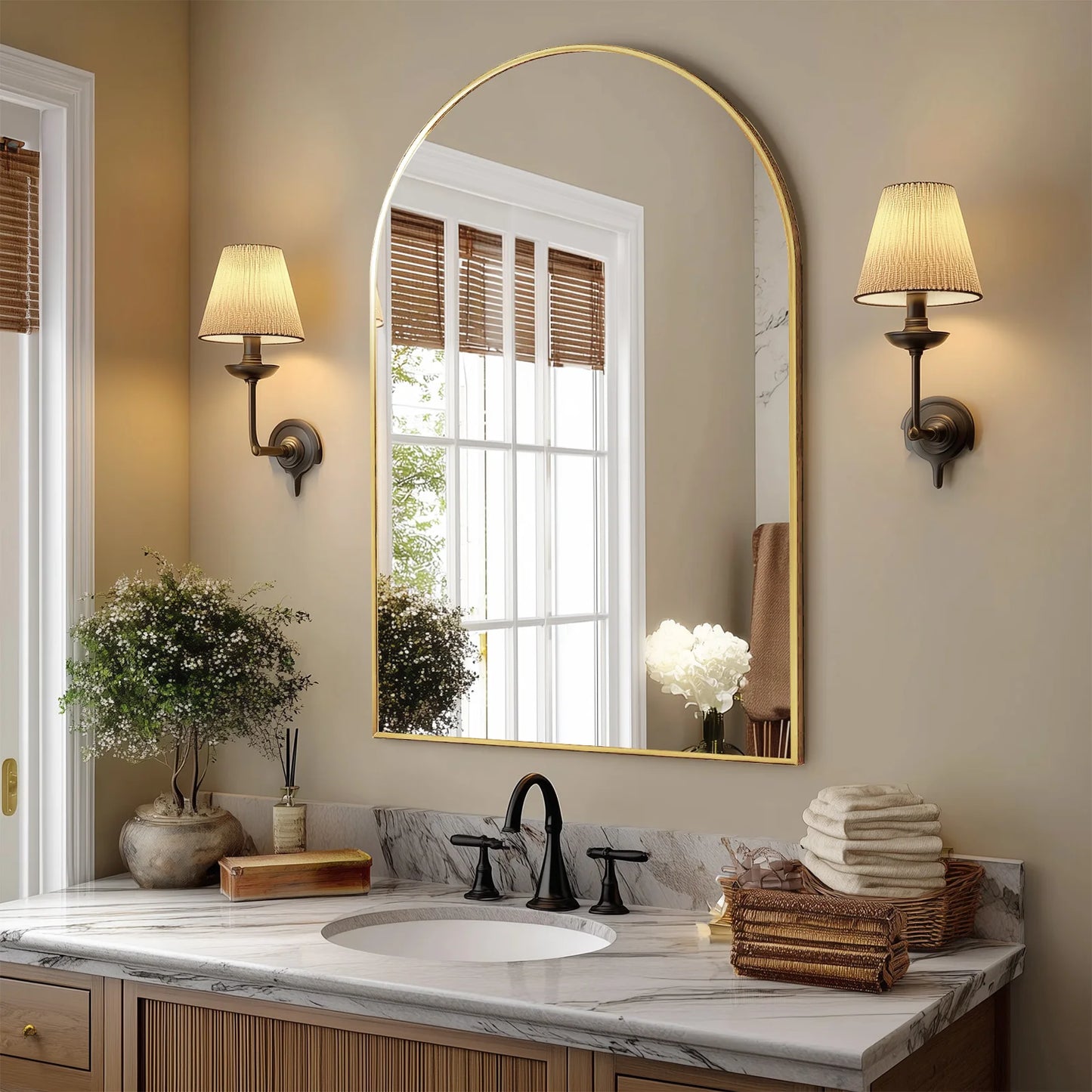 JHK Arched Metal Framed Bathroom Mirror