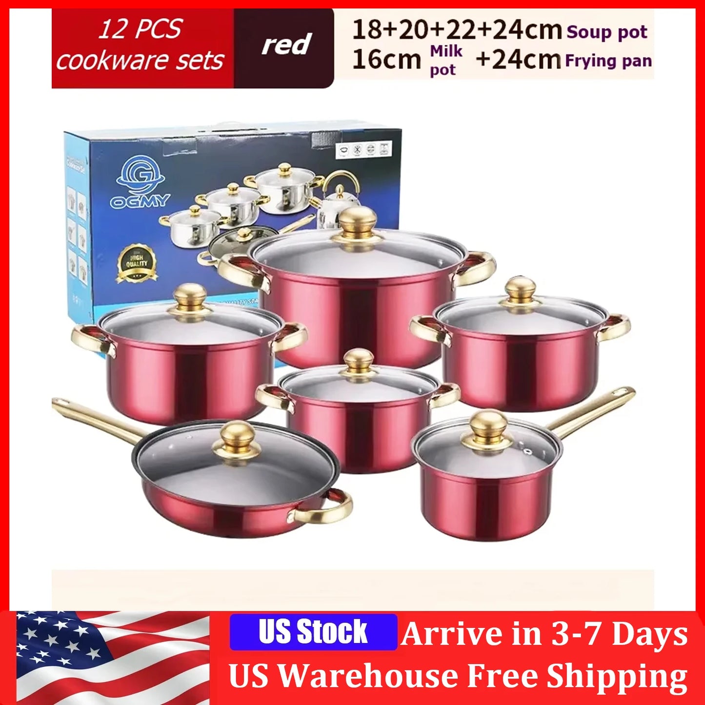 12PCS Stainless Steel Colored Cookware Set Milk Pot Pan Frying Pot Kitchenware Non-stick Pan Gold-plated Handle Soup Pot