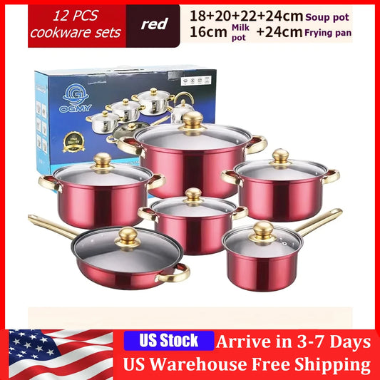 12PCS Stainless Steel Colored Cookware Set Milk Pot Pan Frying Pot Kitchenware Non-stick Pan Gold-plated Handle Soup Pot