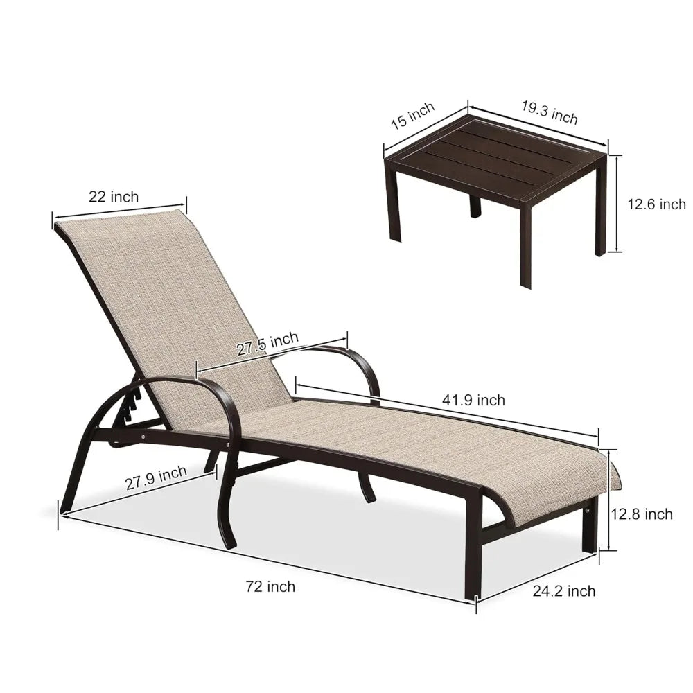 Outdoor Chaise Lounge Set of Three With Adjustable Aluminum Loungers