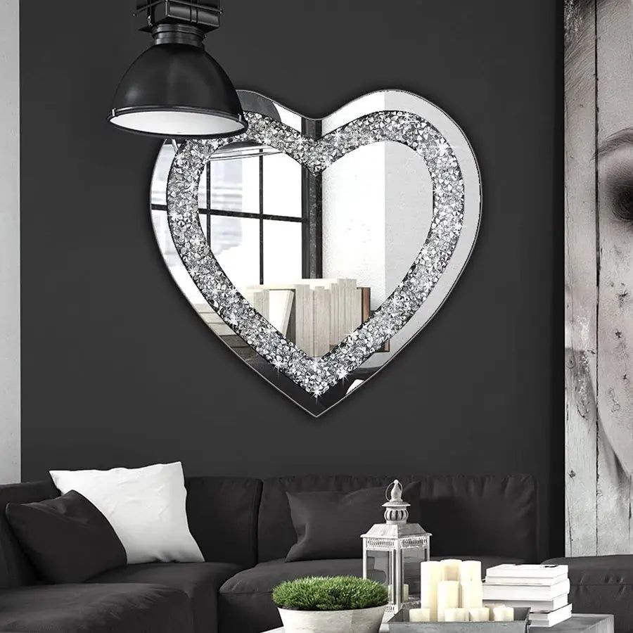 Crystal Crush Diamond Heart Shaped Mirror Frameless Wall Decor