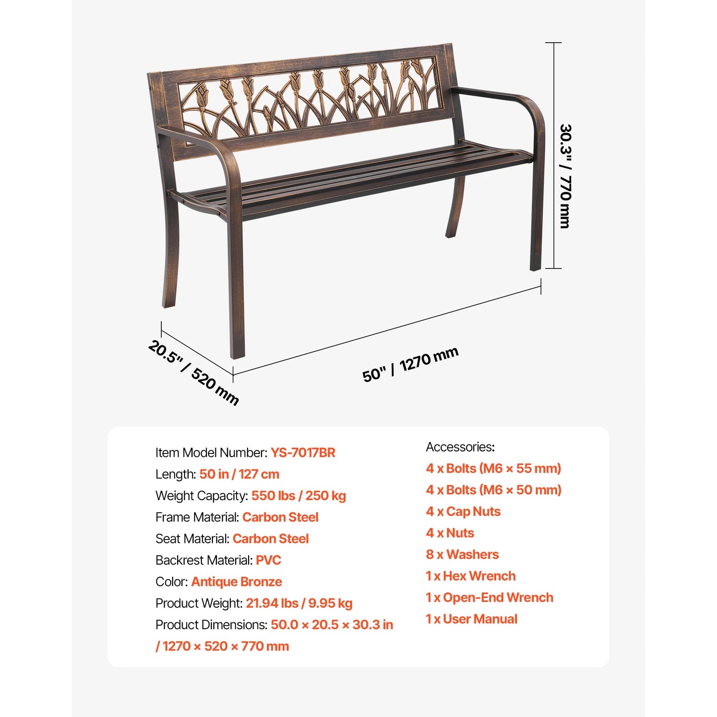 SucceBuy Outdoor Wood Metal Garden Bench With 480 Lb Capacity