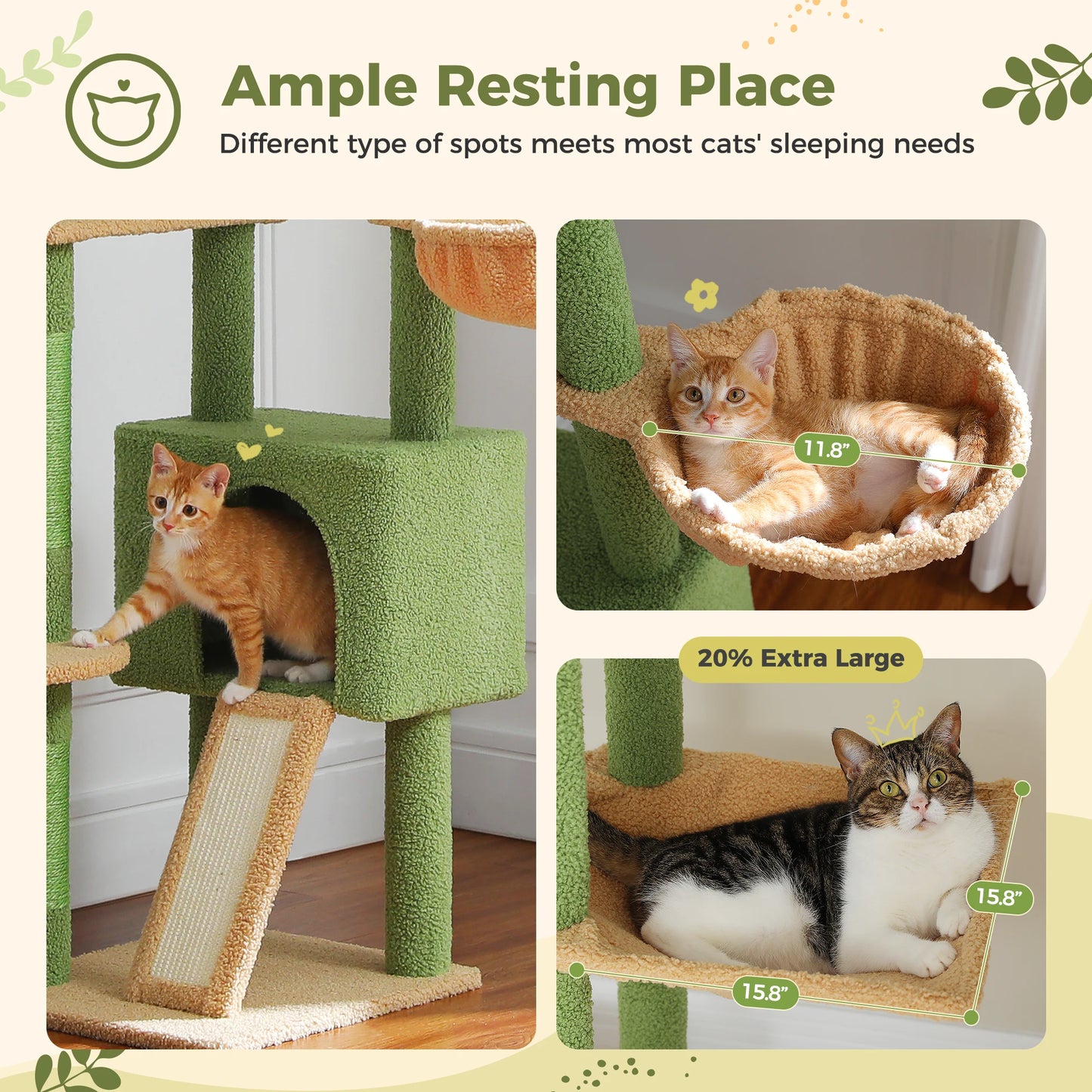 PETEPELA Cactus Cat Tree Floor To Ceiling Tower With Condo Hammock